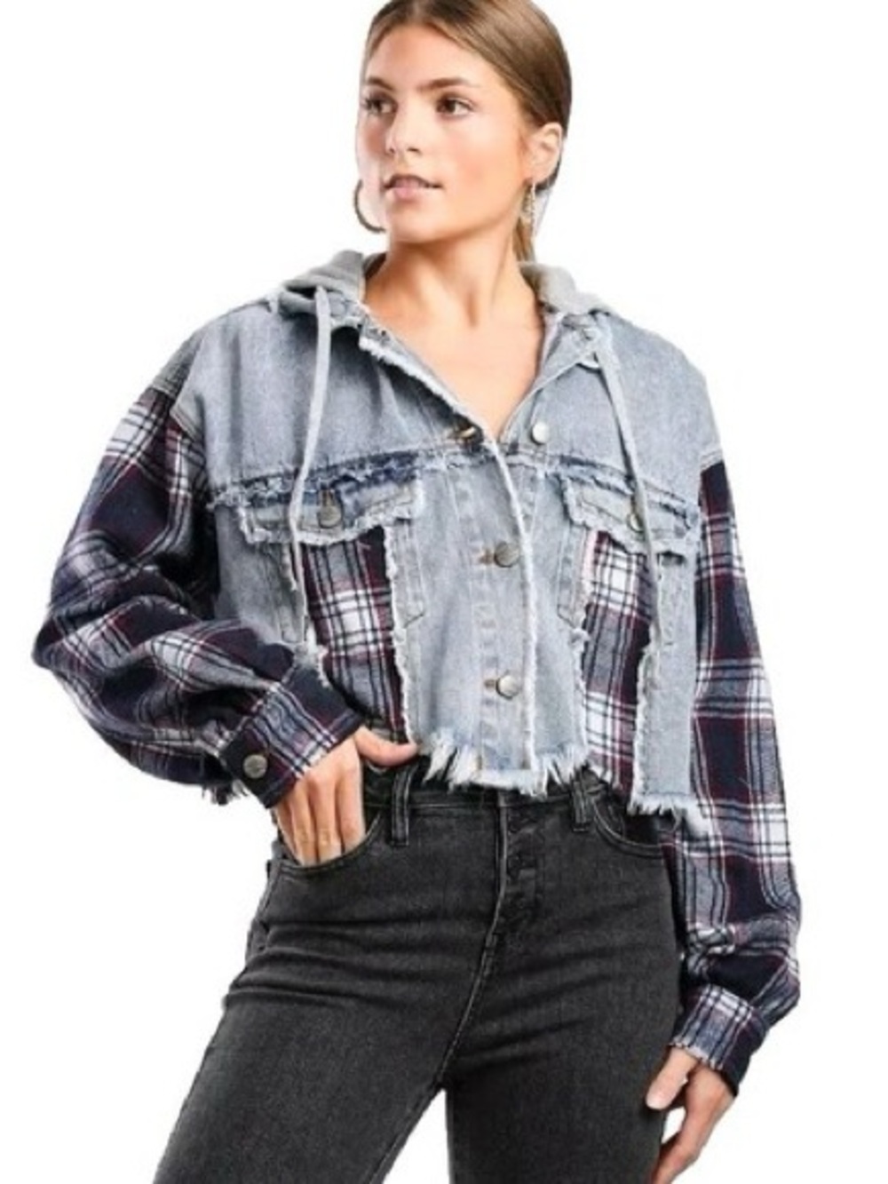 Miss Me Cropped Distressed Denim & Plaid Hooded Cropped Jacket - Blue / Gray